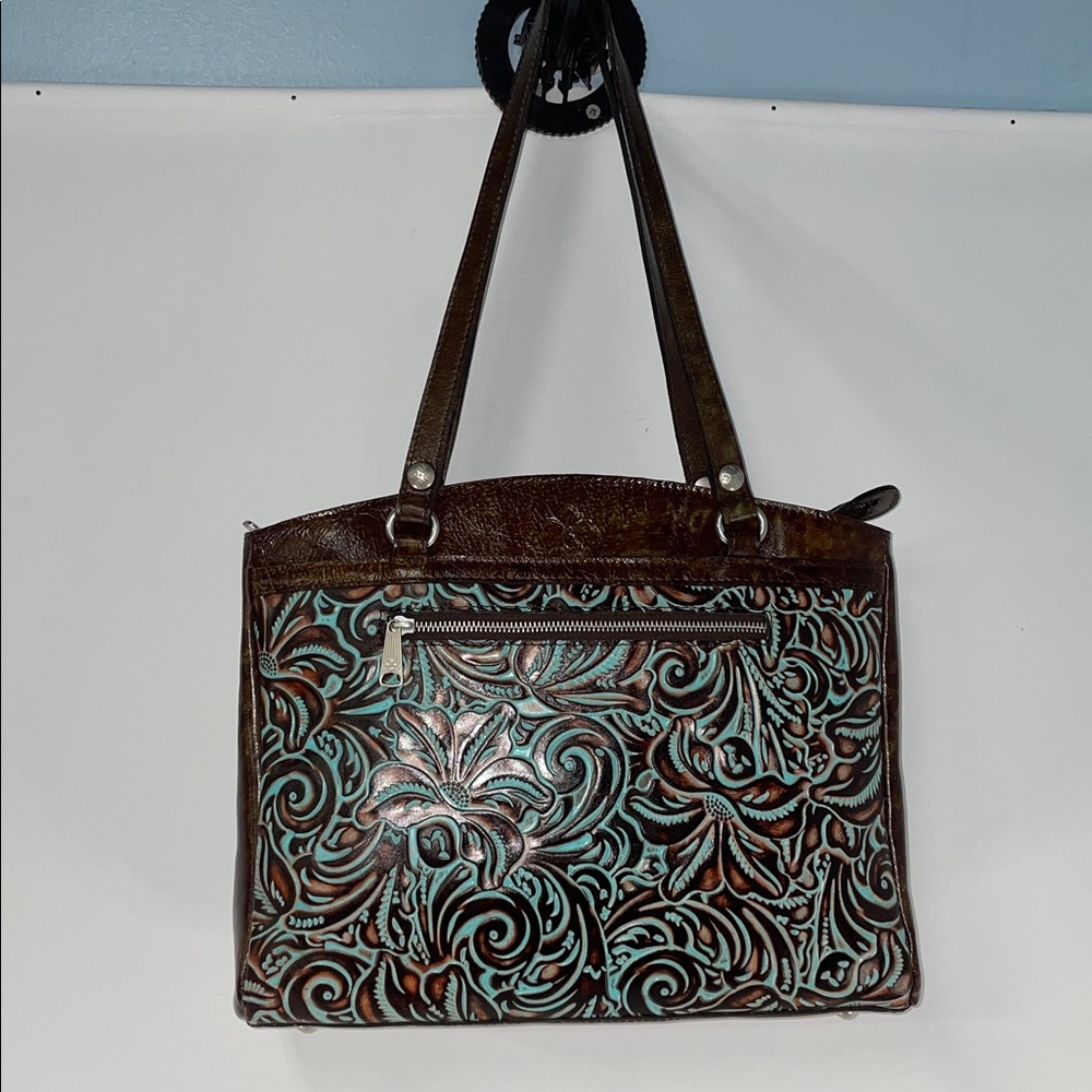 New with Tag Patricia Nash Brown and Turquoise Tooled Leather Tote
